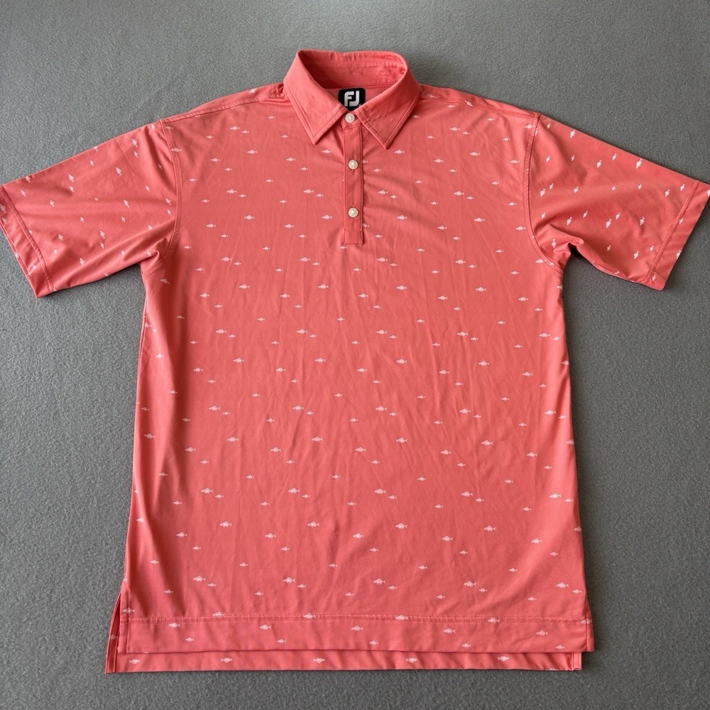Footjoy Polo Shirt Mens M Salmon Fish All Over Print Performance Tech Golf Sport